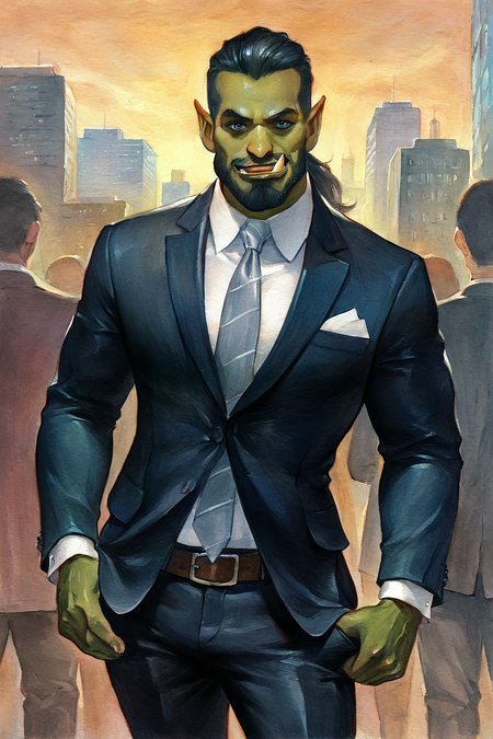 masterpiece, best quality, highres, newest, traditional media, realistic, watercolor \(medium\), orc, green skin, tusks, facial hair, beard, mustache, medium hair, black hair, hair slicked back, ponytail, blue eyes, formal, black suit, suit, white shirt, collared shirt, grey necktie, long sleeves, black pants, muscular, 1boy, solo, male focus, mature male, smile, looking at viewer, cowboy shot, standing, outdoors, city, building <lora:Turquoise [LoRA] - NoobAI-XL EPS 1.0:0.8>