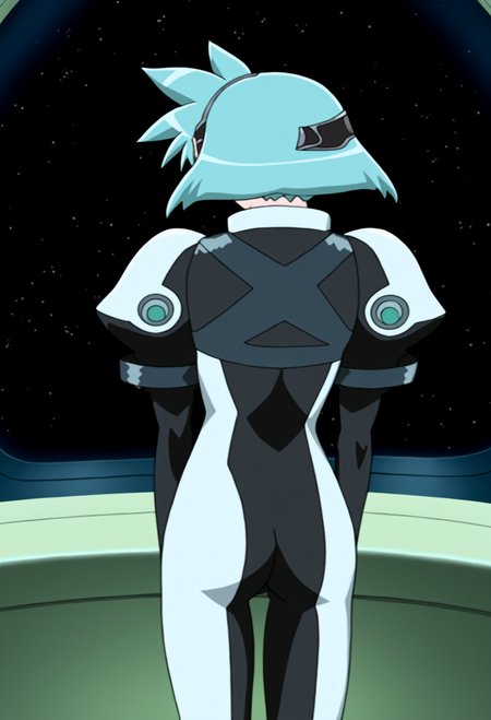 high quality, highres, 1girl, meia gisborn,  solo,green eyes, hair between eyes, blue hair, short hair, aqua hair, bodysuit,  indoors, space,eyepiece, from behind, ass,