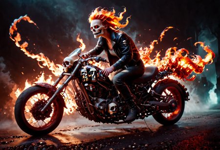 score_9, score_8_up, score_7_up, Ghost Rider,her head made of skull riding a flaming motorcycle, highly detailed, epic, cinematic lighting, dark background, flames, skull, leather jacket. wide shot.