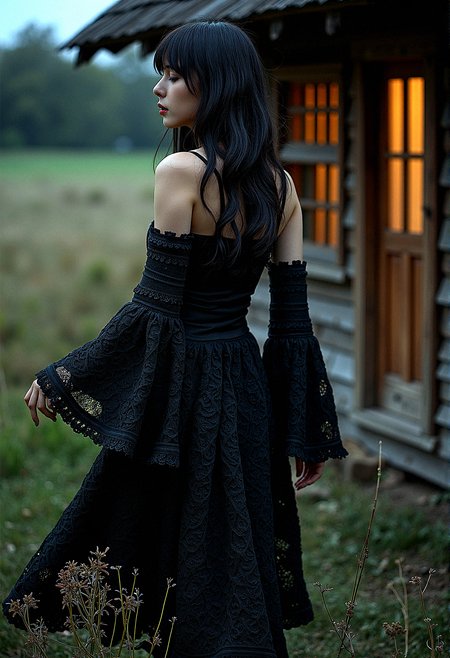 A Gothic woman with dark tones and intricate details, dressed in a bohemian crochet dress with voluminous bell sleeves. The rustic wooden house setting is illuminated by dramatic, high-contrast lighting, creating a moody, mysterious atmosphere. Black flowers and wilted blooms add to the textured, haunting beauty of the scene.

The woman turns slightly to one side as she walks, her dress flowing around her legs in a gentle arc. colorful







