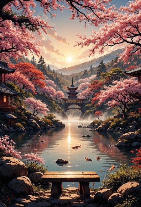Early Morning in a Japanese Tea Garden
"As dawn breaks over a tranquil Japanese tea garden, mist rises from the still waters of the koi pond. A wooden bench, worn smooth by time, faces a red pagoda partially veiled by drifting fog. The first rays of sunlight pierce through delicate cherry blossoms, their petals fluttering like whispers on the breeze. The soft ripple of water echoes through the silence, though no fish can be seen. The scent of damp earth and green tea lingers in the cool air, carrying with it the weight of something unspoken."