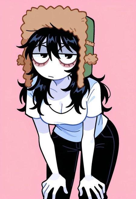 masterpiece, best quality, highres, BREAK, jennyjankles, 1girl, solo, white skin, black hair, long hair, black eyes, bags under eyes, medium breasts, hat, white shirt, black pants, looking at viewer, leaning forward, cleavage, hands on own knees, standing, cowboy shot, pink background