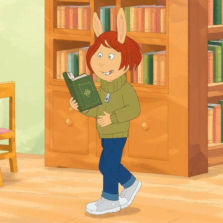 Ladonna Compson, 1girl, solo, furry, bucktooth, tan complexion, short auburn hair,
olive green sweater, blue jeans, sneakers,
library, books 