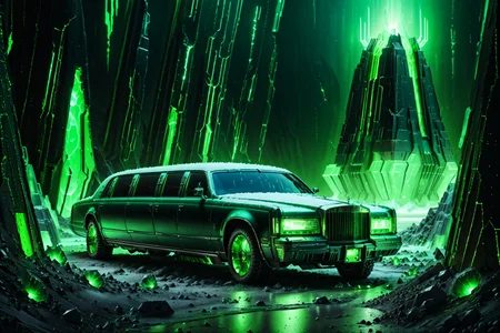 Necron, electricity, green glow, green theme, limousine, futuristic ice field, detailed background, rustic tones, gentle glow, close-up shot, <lora:Necron_World_XL-000009:1>