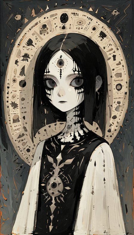 positiv Clip L:
 an award-winning close-up, face, skinny, Gothic, woman, sublime ancient illustration of an award-winning, predating human civilization. crude and simple, but also surprisingly beautiful artwork, made by genius primeval artist. best quality, high resolution
positiv Clip G:
 an award-winning an impressive close-up of the face of a skinny Gothic woman that captivates the viewer. Her pale, porcelain-like skin appears almost supernatural, while her dark eyes exude depth and penetration , sublime ancient illustration of an award-winning, predating human civilization. crude and simple, but also surprisingly beautiful artwork, made by genius primeval artist. best quality, high resolution