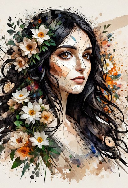 InkMosaic, a portrait of a woman with flowers in her long black hair, brown eyes