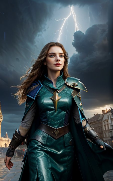(clothed, masterpiece, wide angle, cinematic establishing shot, young adult european woman, highly detailed background:1.2), volumetric lighting, subsurface scattering, dynamic pose, (special effects, color grading, fantasy aura), (Stormcaller:1.4), (Medium Covered breasts:0.81), Thunderclouds, lightning bolt, tempest robes, commanding presence  OverallDetail HairDetail