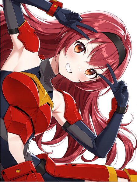 masterpiece,best quality,newest,
1girl,solo,
<lora:koishikawa_ema_ilxl_v1.0:1>,k_ema,hairband,long hair,red hair,brown eyes,
PR-AR,elbow gloves,armor,leotard,navel cutout,
<lora:Fixhands_anime_bdsqlsz_V1:1>,dynamic_angle,cinematic_angle,simple_background,white_background,face_focus,grin,light_blush,looking_at_viewer,smile,embarrass,v over eye,upper_body,