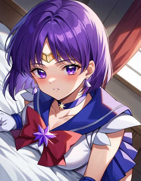 score_9, score_8_up, score_7_up, source_anime,
sailorsaturn, <lora:sailor-saturn-ponyxl-lora-nochekaiser:1>
sailor saturn, purple eyes, short hair, purple hair, circlet,
brooch, choker, earrings, gloves, jewelry, magical girl, miniskirt, purple sailor collar, sailor collar, sailor senshi uniform, skirt, star choker, white gloves,
indoors, bed, bed room, on side, blush, drunk,
looking at viewer, cowboy shot, dutch angle,