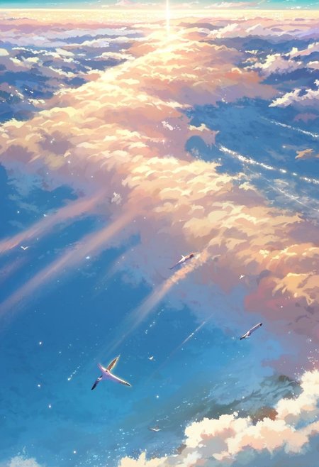 score_9, score_8_up, score_7_up, zPDXL, Shinkaistyle, no humans, scenery, a flagship in the ocean, sea, horizon,  summer, seagulls, cozy vibe, dust particles, cloud, sunny, blue sky