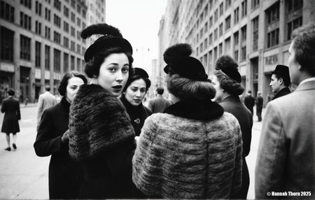 A black and white photograph from the side, featuring a woman in a fur coat and hat standing in the middle of a busy city street. the woman, who appears to be in her mid-twenties, is facing the viewer with a surprised expression, her mouth slightly open. she is wearing a black dress and a fur stole, and her hair is styled in an elegant manner. to her right, a woman with a fur collar and a large hat with a feather is standing, looking at the woman in the fur coat, who is also wearing a fur-trimmed hat and fur trim. in the background, there are several other women in fur coats and hats, all engaged in conversation. the street is lined with tall buildings, and the sky is visible above them. the overall mood of the image is one of excitement and anticipation, as if the woman is about to embark on an adventure.<lora:_Flux\Saul_Leiter_BW.safetensors:1.0:1.0>
