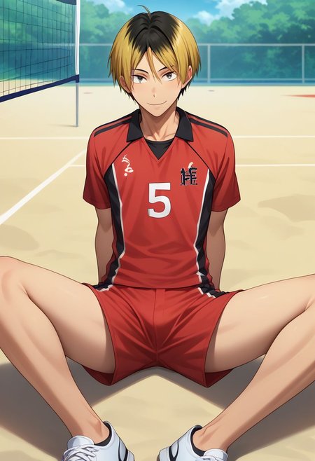score_9, score_8_up, score_7_up, source_anime, highly detailed, kenma, 1boy, male focus, solo, blonde hair, sportswear, volleyball uniform, multicolored hair, shorts, two-tone hair, black hair, red shorts, slim, lying, sit, short height, smile, looking at viewer, outdoors, bare legs, white sneakers, masterpiece, best quality, best aesthetic, presenting, sexually suggestive, rating_explicit, yaoi, source anime,
