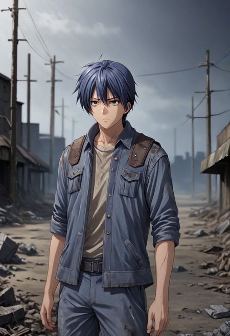 high resolution, solo, best quality, 1Boy, Tomoya Okazaki, Grey Blue Hair, shallow depth of field, Post-Apocalyptic, survival, OverallDetail