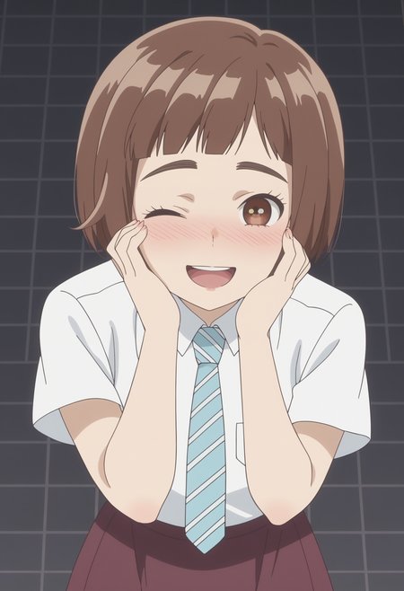 score_9, score_8_up, score_7_up, anime screencap, BREAK, 1girl, solo <lora:DX888Kazusa:1> onodera kazusa, brown eyes, brown hair, thick eyebrows, bob cut, micro bangs, school uniform, long skirt,  necktie, BREAK
 heart-shaped pupils, open mouth, open mouth, happy , smile, moaning, one eye closed, full-face blush,, dark gray background, simple background, grid background,,  Gasping, hands on throat