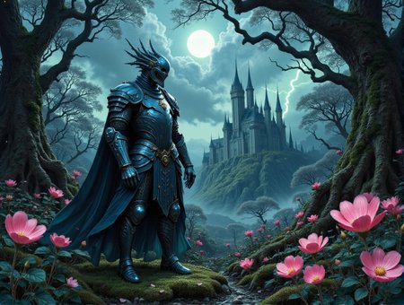 <lora:d2j3m0x-flux-lora.safetensors:1> d2j3m0x
In the heart of a moonlit forest, a knight stands resolute, his form a stark contrast to the ethereal surroundings. Clad in armor that shimmers with a deep, gunmetal blue, the knight’s visage is obscured by a helm adorned with a gnarled, dragon emblem. The armor itself is intricately detailed, with flowing, wiry forms that seem to twist and contort, as if the metal itself is alive and writhing. The edges of the armor glow with an eerie, blue light, casting long, jagged shadows that dance across the mossy ground.
Behind the knight, the forest is a tangled maze of twisted, thorny branches and gnarled roots. The air is thick with the scent of damp earth and decaying leaves. Pink flowers, each petal etched with delicate, surreal patterns, dot the ground, their vibrant hue a stark contrast to the muted, dark palette of the surroundings. The flowers themselves seem to pulse with a faint, inner light, as if they are living, breathing entities.
In the distance, a castle looms, its spires reaching towards the stormy sky. The castle walls are weathered and cracked, with ivy and fungus growing in jagged, chaotic patterns. The sky above is a tumultuous swirl of grays and blacks, with occasional streaks of sickly green lightning. The entire scene is illuminated by a single, pale moon, casting long, dramatic shadows that enhance the sense of unease and tension.
The knight, a figure of both strength and surreal grotesqueness, stands at the threshold of this eerie realm, his armor and the forest around him both beautiful and menacing, a perfect blend of twisted whimsy and dark horror.