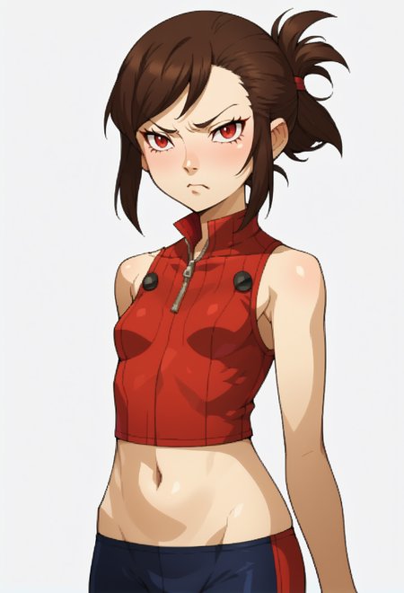 score_9, score_7_up, source_anime, BREAK <lora:zs_SMTIVPortraitsXL_2:1> smtivportraits, portrait, white background,, frown, 1girl, red eyes, tsurime, brown hair, medium hair, asymmetrical bangs, swept bangs, flipped hair, folded ponytail, small breasts,
navel, groin tendon, bike shorts,
