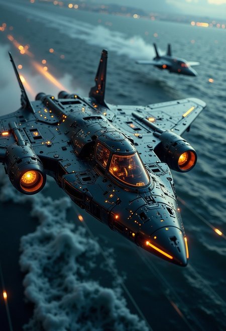 in the style of ck-mgs, A digital artwork in the style of cknc, a_skynet_cyberdyne_craft, the image is featuring a futuristic, highly advanced stealth spy plane flying rapidly at altitude over a stormy sea at night. The fuselage is made of a dark gunmetal alloy and the cockpit shows glowing led lights, and is covered in intricate neon yellow electrical circuitry; the engines have large air intakes, dutch angle, the plane angled diagonally from left to right, motion blur