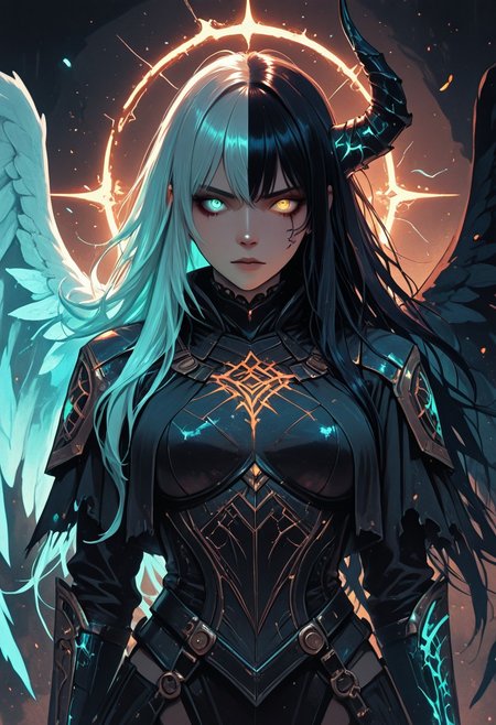 (masterpiece), (best quality), (8k), two girls, angel and demon, intense stare-down, not fighting but full of tension, glowing eyes, magical aura, emissive lighting effects, cinematic lighting, golden hour glow, divine vs infernal contrast, glowing halo above angel, broken or burning halo above demon, floating sparks, glowing tattoos or markings, glowing feathers vs shadowy wings, ambient light particles, symmetrical composition, high detail, soft shadows and light contrast, dramatic environment, detailed armor and flowing cloth, mystical energy in air,