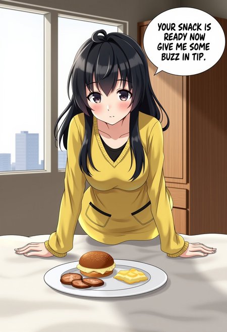 A beautiful girl wearing a yellow and black outfit, leaning forward on a bed with a plate of food in the foreground. There is a speech bubble with text that reads: 'YOUR SNACK IS READY NOW GIVE ME SOME BUZZ IN TIP.' The background includes a window with a cityscape view and a wooden cabinet.