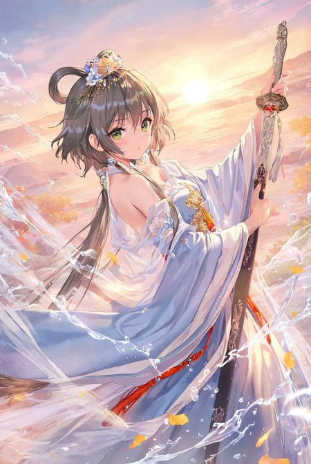 {luo_tianyi},(artist:atdan:0.9),(artist:torino_aqua:0.8),(artist:izumi_tsubasu:0.9),(artist:kedama_milk:1.05),(artist:nardack:0.75),(artist:ke-ta:0.95),(artist:toosaka_asagi:0.7),(artist:sho_(sho_lwlw):0.8),(artist:as109:0.8),year 2024,
1girl,shiny skin,blush,holding sword,chinese sword,{{dynamic angle}},{{{{{hanfu}}}}},chinese clothes,transparent clothes,tassel,chinese knot,bare shoulders,kanzashi,draped silk,gold trim,wind,bokeh,scattered leaves,flying splashes,waterfall,splashed water,looking at viewer,{{{close up}}},face focus,from side,sunrise,
extremely detailed cg unity 8k wallpaper,masterpiece,original,highres,ray tracing,dynamic lighting,refined rendering,depth of field,ambience sense,detailed light,extremely light,beautiful detailed lighting,perfect lighting,best shadow,detailed shadow,
