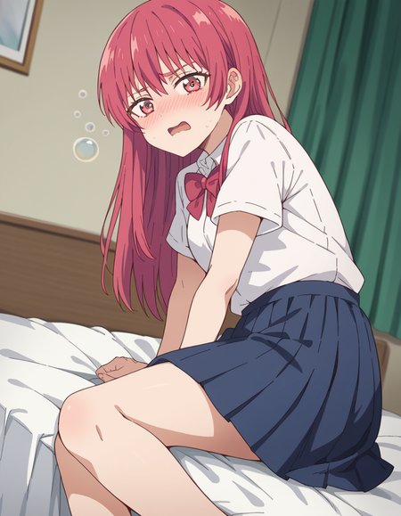 score_9, score_8_up, score_7_up, source_anime, <lora:saki-saki-s2-ponyxl-lora-nochekaiser:1>, saki saki, long hair, bangs, red eyes, red hair,, skirt, shirt, bow, school uniform, white shirt, short sleeves, pleated skirt, bowtie, blue skirt,, indoors, bed, bed room, on side, blush, drunk, looking at viewer, solo,, cowboy shot, dutch angle