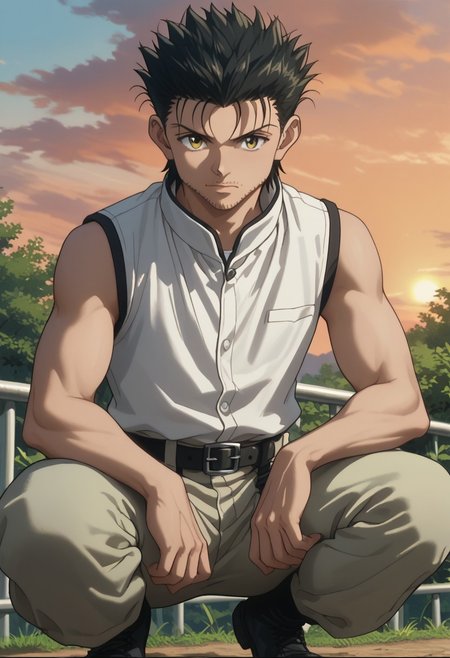 score_9, score_8_up, score_7_up, source_anime, rating_safe, Ginunter, 1boy, male focus, anime screencap, black hair, sleeveless white shirt, black belt, light yellow pants, squatting, sunset,