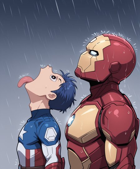 goku_and_vegeta_in_the_rain_(meme), tongue out, rain, open mouth, rain, looking up, (tongue out:0.5), iron man, captain america, 2boys, masterpiece, best quality, absurdres, amazing quality,