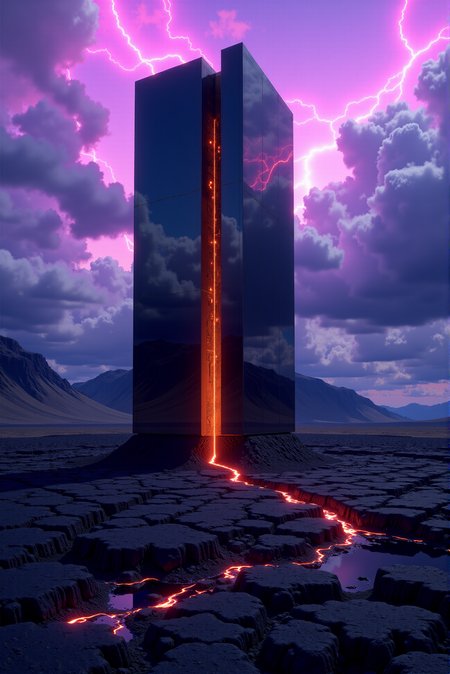 <lora:Legacy_of_the_forerunners_r1:0.7>
On a windswept plateau of blackened soil and mineral dust, a single colossal rectangular structure rises with mirror-like facesâits pristine edges cutting sharply into the raw, chaotic terrain. The front face reflects a darkening violet sky, while its side reveals an interior glow behind semi-transparent layers, suggesting a depth of function concealed within opaque perfection. The base appears frictionlessly anchored, its intersection with the ground devoid of rubble or weathering. A narrow split along its center pulses with a timed orange light, like a heartbeat of some dormant intelligence. Behind it, the sky fractures into streaks of light and storm, subtly pulled by whatever force the monolith emits. Rendered with hard edge-lens clarity and ultra-sharp surface detail, the composition focuses on contrast between monolithic symmetry and geological entropy. The style merges surrealist post-geometry with digital architectural photorealism, portraying the structure as both a data reservoir and temporal keystone.