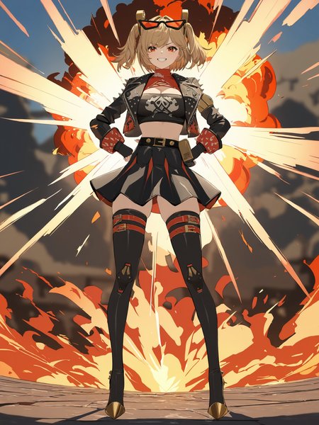 1girl, burnice white, twintails, black skirt, hair ornament, sunglasses on head, latex thighhighs, smile, cropped jacket, fingerless gloves, sleeveless turtleneck, tube top, pumps, full body, grin, v-shaped eyebrows, legs apart, hands on hips, fire, explosion, depth of field <lora:Char-ZZZ-Burnice-V1-SDXL:0.9>, masterpiece, best quality, very aesthetic, ray tracing, newest, illustration, incredibly absurdres, ultra detailed, [<lora:detailed_notrigger:0.95>::0.5]