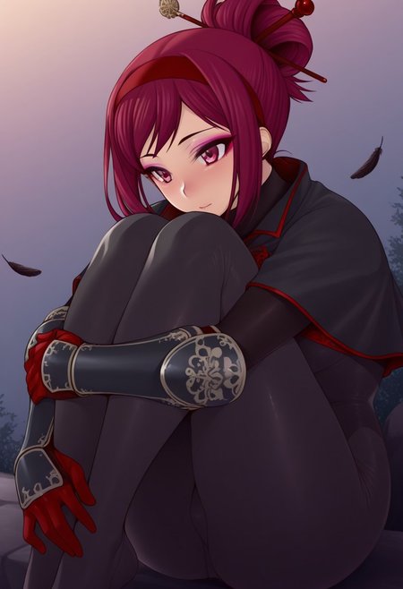 namidame, outdoors, undershirt, falling feathers, black bodysuit, hair stick, hugging own legs, , gauntlets,   eyeshadow,  , gradient background, red gloves,  high ponytail,  , black capelet, red hairband, pink eyes