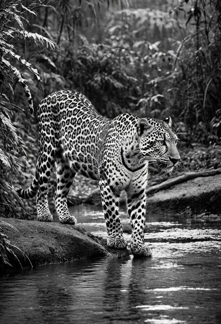 a (black and white:1.5) photo of a leopard, in the jungle, drinking at the at the edge of a river, at dusk, dense jungle forest, dramatic lights, shallow depth of field, blurred background, extreme details, intricate details, 8k, 35mm photo, photorealism, realistic photo, national geographic style, masterpiece, film photography style