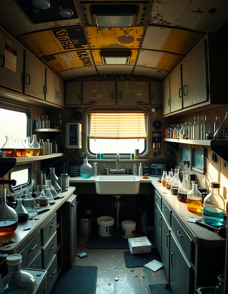 The interior of an old RV converted into a clandestine drug laboratory, inspired by the TV series Breaking Bad. The space is cramped and messy, filled with scientific equipment, glass beakers, flasks, burners, chemical containers, and lab tools scattered around. The walls are aged and stained, with peeling wallpaper and old metallic cabinets. A small sink area is cluttered with dirty lab glassware. The lighting is dim and tinted yellow, with sunlight barely filtering through dusty blinds. The floor is grimy, with a mix of rubber mats and worn carpet. The overall atmosphere is tense and gritty, capturing a sense of secrecy and danger. Hyper-realistic style, cinematic composition, rich in textures and shadows.
<lora:SDXLFaeTastic2400:0.4> <lora:extremely_detailed:0.4> extremely detailed,<lora:old_RV_drug_l4b0r4t0ry:1>,old RV drug l4b0r4t0ry, Masterpiece,best quality,hi res,8k,hi res,8k,award winning,(sharp focus, intricate, highly detailed),