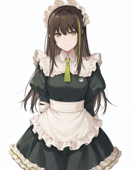 Volumetric Lighting, (masterpiece), (best quality), (ultra-detailed), masterpiece, source_anime, score_9, score_8_up, score_7_up BREAK, illustration, disheveled hair, detailed eyes, perfect composition, moist skin, intricate details BREAK, M4A1, long hair, black hair, streaked hair, green hair, golden eyes BREAK, M4cafe, cfe_pantyhose, cfe_necktie, cfe_headdress, cfe_apron, cfe_maid_dress,frilled dress, white gloves,BREAK, ((white background)), smile,upper body, face focused