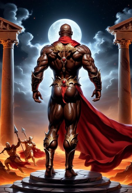 4k, digital art, semi realistic, fantasy, best quality, masterpiece, very detailed, wide camera angle,  dynamic camera angle, dynamic pose, close up, seen from the back, back view, portrait of a male bodybuilder, hades, huge bodybuilder, dark skin, mature, massive arms, huge pectorals, shaved head, gray beard, long beard, handsome, big nose, red eyes, big eyes, anime eyes, defined eyes, defined eyebrows, greek god, wearing a black tunic, wearing jewelry, with a roman helmet, ancient greece, arms in the air, showing muscles, sitting on a throne, holding a spear, on a palace in hell, night sky (cinematic light, volumetric), splash art