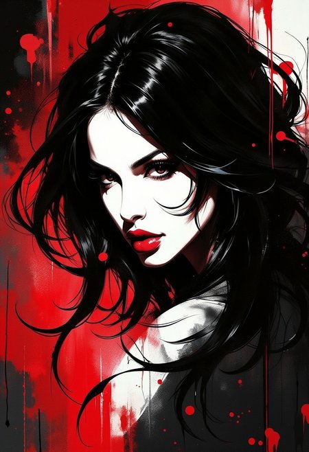 Silhouette Art, magnificent, dark background, inksplash portrait of stunning oriental woman, long hair, seductive, sultry, lustful, red lips, direct gaze, light hitting one side of face, gradient colour background