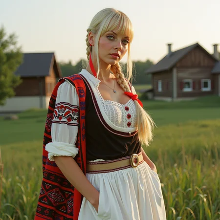 analog photography, shot by Kodak Duaflex II, ultra detailed, ultra quality, cinematic,  dynamic posing, sensual pose, bangs, a mesmerizing woman with platinum blond hair woven into an elegant braid, adorned with bright red ribbons, standing in a lush meadow. She wears a traditional Romanian blouse (ie) with intricate black and red embroidery, symbolizing fertility and protection. Her flowing white skirt features delicate floral lace along the hem, and a wide, beaded belt accentuates her waist. Over her shoulders, she drapes a vibrantly woven wool shawl with geometric patterns. Her gaze is soft and mysterious, her Slavic cheekbones illuminated by the golden sunset as she stands near a quaint wooden village.  <lora:Janacovaxhres-grm80vx:1> jancov