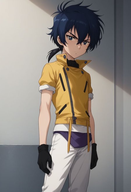 score_9, score_8_up, score_7_up, source_anime, highly detailed, 
samuru, 1boy, male focus, solo, gloves, blue hair, blue eyes, black gloves, pants, black hair, hair between hair, ponytail, low ponytail