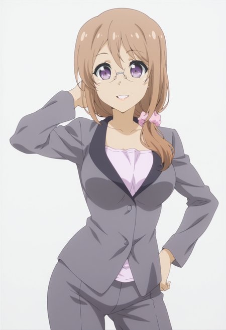 anime screencap, anime coloring,  <lora:DX888Yui:1> saitou yui, purple eyes, brown hair, long hair, hair over shoulder BREAK teacher, glasses, hair scrunchie, suit, grey pants, BREAK simple background, grey background,  honeycomb background, BREAK    1girl, breasts, cowboy shot, hand in own hair, parted lips, smile, solo,  contrapposto, arm up,  hand on own hip,