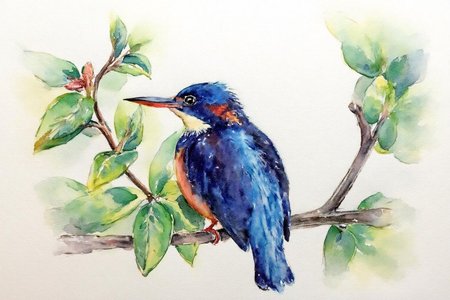 watercolor. 
A kingfisher perched on a branch, positioned slightly to the left of center, with a vivid blue body and wings.
 <lora:watercolor1_nbm_cap_d6a3e12:1.0><lora:838786037787426763:0>