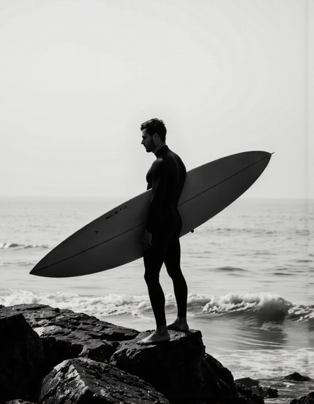 wavefun. A photo-realistic shoot from a profile camera angle about a silhouette of a surfer standing on a rocky cliff, holding a white surfboard, with a misty ocean in the background. the image also shows a serene atmosphere. on the middle of the image, a man, who appears to be in his early twenties, is standing with his full body visible, facing away from the camera. he is wearing a black wetsuit and has a serious expression on his face. his body is slim and muscular, with short hair and a beard. he has a beard and is holding a longboard in his right hand. the man is facing the viewer, with his left hand resting on his hip. his eyes are not visible, but his facial expression is focused on the horizon. the overall mood is one of calmness and serenity, with the man's silhouette standing out against the misty and misty background. <lora:Wind_&_waves_:0.9>