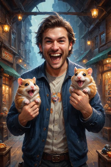 by  Ross Tran  and  Brothers Hildebrandt in the style of  Emily Carr ,  man holding up two cute hamsters while laughing maniacally, dual wielding hamsters <lora:happy:0.25><lora:maniacal_laughter:1.75><lora:dual_pistols:0.35> , digital painting <lora:digital_painting_laxpeint:0.75>  <lora:more_art:0.30> <lora:midjourney:-0.25> <lora:RMSDXL_Enhance:0.50> <lora:RMSDXL_Creative:0.50> <lora:RMSDXL_Photo:0.50> <lora:RMSDXL_Darkness_Cinema:0.50> <lora:clothing_slider:2.00> <lora:great_lighting:1.50> <lora:aesthetic:1.50> <lora:photorealistic_portrait:1.50> <lora:extremely_detailed:1.50> <lora:dpo:0.25> <lora:perfect_hands:0.50>