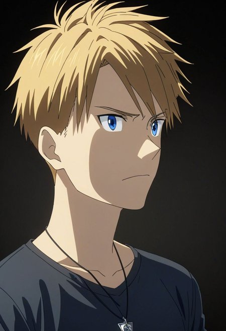 high resolution, professional photography, best quality, 1Boy, Yamato Ishida, blond hair, deep blue eyes, necklace, dark t-shirt, looking at viewer, focused gaze forward, plain background, straight body, head upright, OverallDetail