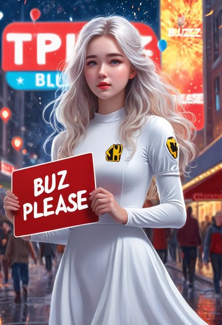 ((photorealistic)), ((1girl)),  score_9, score_8_up, score_7_up, 1girl, 23 years old, detail cute face, long dress, pretty dress, red dress, long wavy hair, white hair, white wavy hair, wavy hair, wet hair, snow, perfect eyes, detailed skin, city street background, fireworks background, warrior princess, arrogant, aloof, (((holding a big colored sign that says "BUZZ PLEASE", text: "BUZZ PLEASE")))