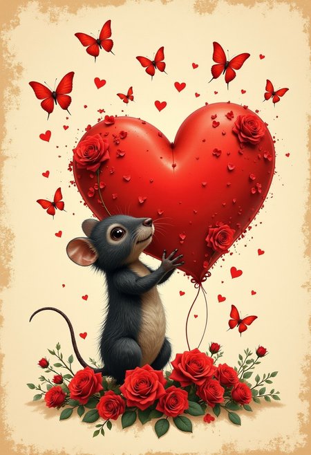 a whimsical, artistic illustration featuring a small, furry creature resembling a mouse or rat, standing upright while holding a large, red heart adorned with rose patterns. The creature has dark fur and a cute, expressive face with small eyes and a pointed nose. Surrounding the creature are several red butterflies in various sizes, fluttering around in a lively manner. The background is a soft, textured beige, adding a vintage feel to the artwork. At the base, there is a cluster of red roses, enhancing the romantic theme. The overall composition is charming and vibrant, with a focus on love and nature, conveyed through the heart and floral elements. aidmaLOVEboost