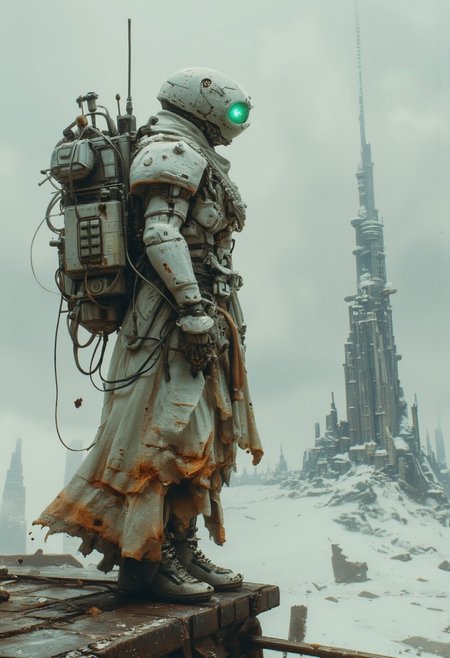 A lone figure stands on the rusted remnants of an abandoned bridge, the structure barely holding against the weight of time and decay. Clad in a bulky, white futuristic suit, their form is muscular and imposing, a relic of some forgotten military-industrial hybrid. Straps, belts, and pouches cling tightly to their body, while a heavy, scarred helmet obscures their face. A single glowing green light on the forehead of the visor pierces through the thick atmosphere, giving the figure a spectral, almost otherworldly appearance.
The massive, battle-worn backpack they carry bristles with cables, tubes, and a makeshift antenna, hinting at a life of constant survival and exploration. The pack, worn and weathered, tells a story of hardship and endurance. Beyond the figure, a vast, snow-covered wasteland stretches into the horizon, shrouded in an oppressive, overcast sky. Distant, crumbling structures dot the skyline, and a tall, partially collapsed tower looms like a forgotten sentinel. Snow and ice blanket the ground, and the metal beneath the figure’s feet is corroded, rust peeling away to reveal a past long forgotten.
The scene is hyper-detailed, capturing the weight of the world in every weathered fold of their tattered, outworn cape. Soft shadows and atmospheric haze lend a cinematic quality to the image, the kind of shot you might find in a National Geographic documentary on a dystopian future.