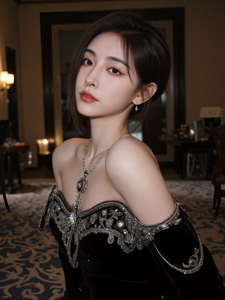 This is a high-resolution photograph featuring a young Asian woman with fair skin and delicate features, posed in an elegant interior hall during the evening. She has long, dark hair styled in a loose updo with a few strands framing her face. Her makeup is minimal yet refined, with subtle eye shadow and nude lipstick. She wears a black velvet off-the-shoulder dress with silver embroidery, showcasing her slender shoulders, full bust, and defined collarbones. A silver necklace with a large pendant rests on her chest, drawing further attention to her neckline, paired with matching earrings. Her right arm is adorned with a black velvet glove that reaches her elbow.

The background is a dim, tastefully designed hall with high ceilings and minimal decor. The ambient lighting is soft and warm, casting gentle shadows across the space. A focused light falls on her face, highlighting her features and drawing attention to her calm expression.

The lighting is soft and directional, adding depth to the scene. The camera angle is slightly above eye level, creating a flattering perspective. The composition follows the rule of thirds, with her face and upper body positioned along the vertical lines. The overall mood is elegant and composed, capturing a moment of quiet sophistication.