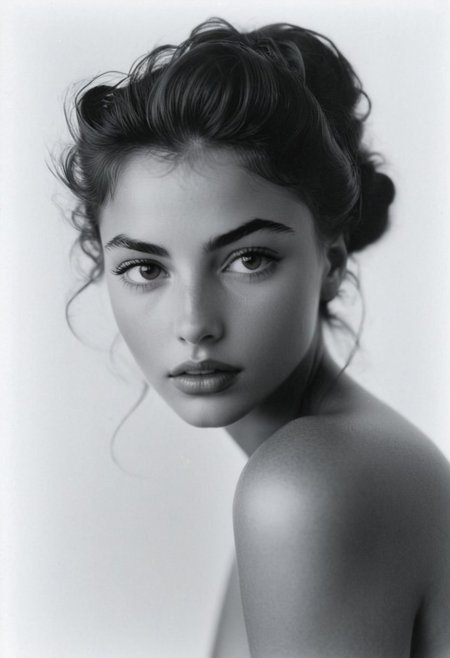 safe_pos, masterpiece facial portrait<incredible realism, face focus, intimate close up, very near her beautiful face, in love>, photography<kodak portra> by wildly artistic photographer<(george hoyningen-huene), (filippo sano), best, award-winning>, the most beautiful 20 year old girl ever in a dramatic expression: stoic, looking down and artistic self-embraced composure, her face<by casey baugh> is gloriously pretty, she has sexualized large breasts<perky, braless>, her elegant long hair wraps about her face in the most flamboyant and expressive hairstyle, detailed skin<goosebumps, realism>, sun tanned skin contrasts against the bright background, dramatic lighting, ((print autographed by the model<"Sarah Femloveria" + heart> with a sharpie))