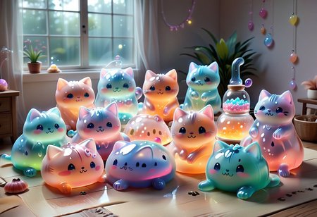 Cute slime-cats, chibi style, translucent gelatinous bodies, glowing pastel colors. kitty-like features: cat ears, cat tails, shimmering eyes gazing upward (owner out of frame). Playful poses: sitting, paws raised, some tilting heads. Cozy room with tiny toy bones, jelly bowls, soft pillows. Bubbles and sparkles around them, cheerful atmosphere. Cartoonish textures: glossy slime, subtle drips, soft lighting. Bright colors with neon accents, no humans, whimsical pet vibes, Sl1m3d, slime-morph