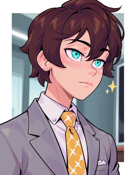 1boy, solo, blush, lips, expressionless, upper body, brown hair, short hair, aqua eyes, closed mouth, yellow necktie, grey jacket, white shirt, sparkle, male focus, necktie, formal, suit, shirt, collared shirt, outside border, looking to the side, white border, suit jacket, business suit, wing collar, print necktie
masterpiece,best quality,amazing quality,  ,score_9_up, score_8_up,  score_7_up, score_6_up, score_5_up, score_4_up, , , , , <lora:KissClaw-Dddecadent_V2:1>