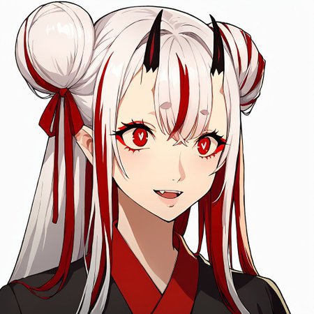 Score_9, score_8_up, score_7_up, source_anime, cowboy shot, masterpiece, best quality, upper body, portrait, (white background), solo, solo focus,  1girl, ((white hair)), (((long hair,))), (((hair down))), ((((little buns)))), (((double little bun:0.5))), (((little bun:1.2))), ((low double bun:0.5)), ((bun tails:0.5)), (((hair ribbon))), (((straight hair))), unruly hair, fluffy hair, ((hair straight down)), (hair between eyes), (((scarlet eyes))), (((bright pupils))), ((red string on bangs:1.3)), (colored bangs), (red bangs), (((straight bangs))), fang, sexy smile, open mouth, two colored hair, ((two-tone hair)), ((streaked hair:1.3)), (multicolored hair), red hair, ((red eye tattoos)), (red colored inner hair), <lora:colored inner hair:1>, ((red hair tips)), (((red and black open kimono))), open clothes, open shoulders, (((oni))), (((oni white horns))), (((orange makeup))), red eyelashes, sharp ears, ((half open forehead)), (((bangs to the left)))